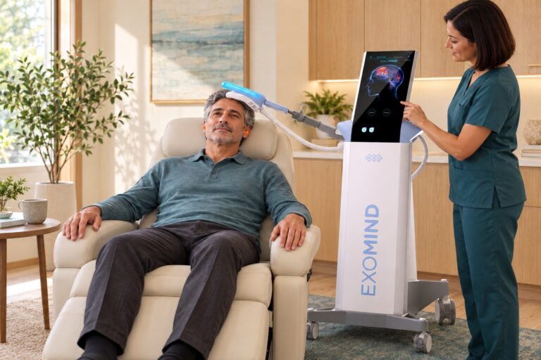 EXOMIND treatment scene with an adult man and clinician.
